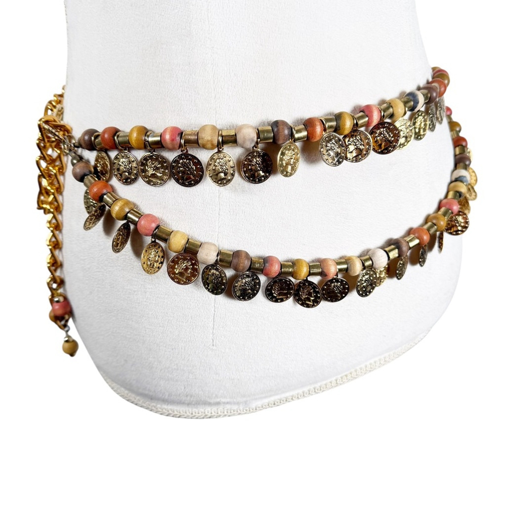 Boho Statement Layered Double Strand Waist Belt Coins Wood beads Hippie Gypsy OS - Picture 9 of 10
